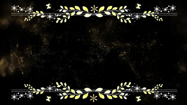 Leaves and snowflakes form a decorative frame on a black background to provide ample copy space.