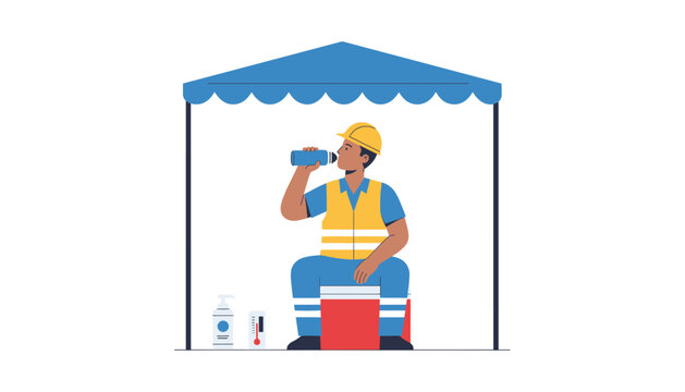 Construction worker taking a hydration break under a shaded canopy with heat safety monitoring tools nearby during a hot workday.