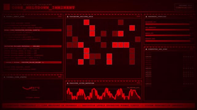 Core Meltdown Imminent Cascading Failure Grid Thermal Overload Dashboard Animation Red Loop.