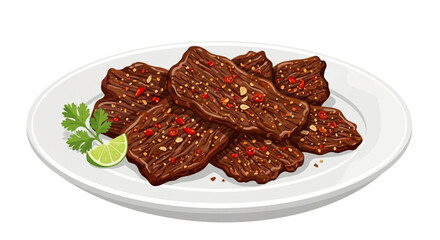Obraz premium Grilled Beef Jerky with Chili and Lime on a Plate