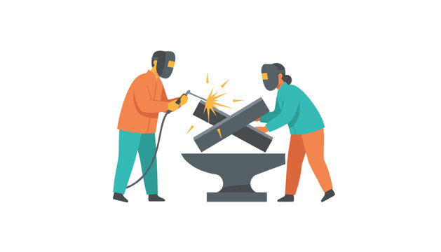 Professional welders wearing safety gear while using welding equipment to join heavy steel metal pieces together in a metalworking factory.