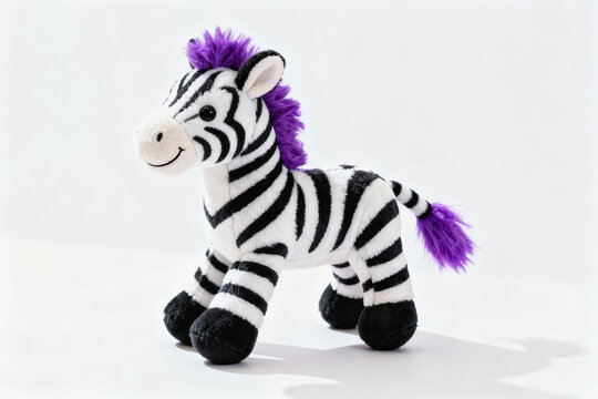 A cute plush zebra toy with black and white stripes, purple mane and tail, standing on a plain white background.