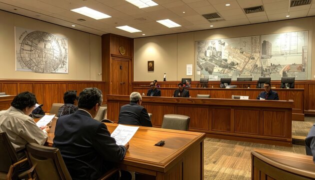 Judges and Lawyers in a Formal Courtroom Reviewing Legal Documents