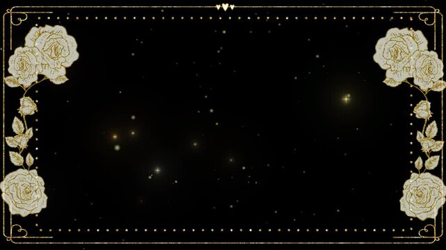 Roses decorate the corners of a dark frame with a glowing particle background.