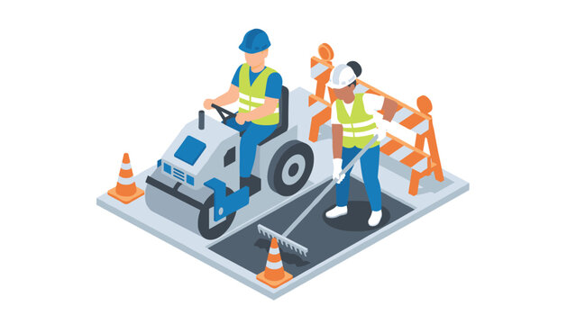 Construction workers smoothing a new road surface with one operating a steamroller and another cleaning the asphalt with a rake near cones.