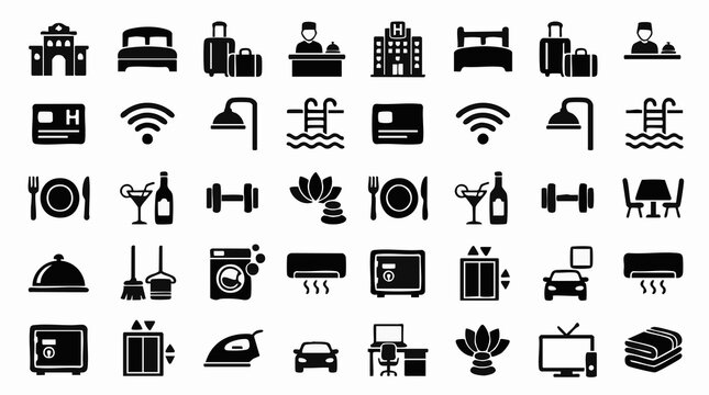 Hotel and Travel Services Icons Set. Modern Amenities and Facilities