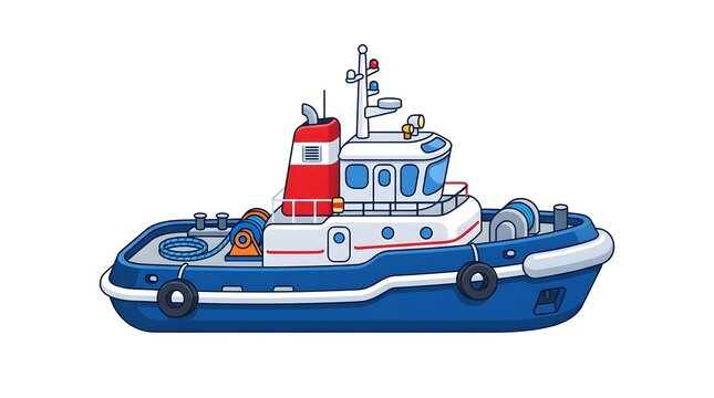 Industrial maritime tugboat vector illustration with red and blue details, isolated on white background.