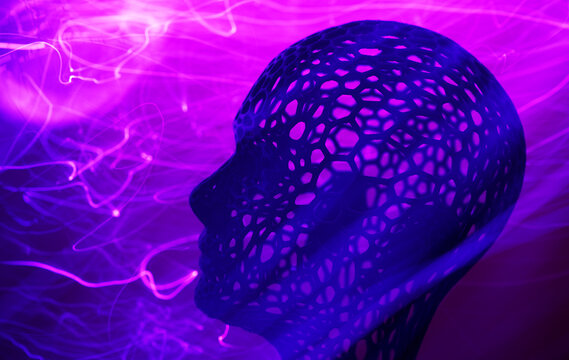 Artificial intelligence avatar in glowing purple cyberspace