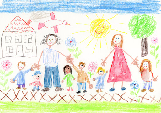 Colorful drawing of a teacher and family outdoors