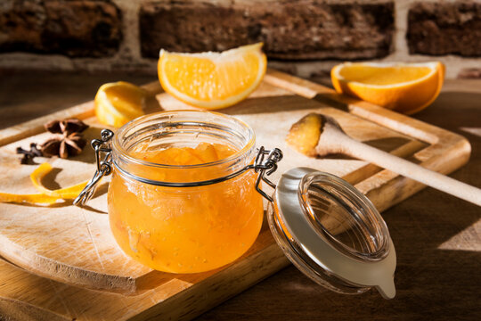 Preserving jar of homemade orange marmalade