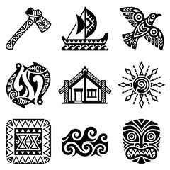 Collection of Maori cultural symbols and art designs. © danu