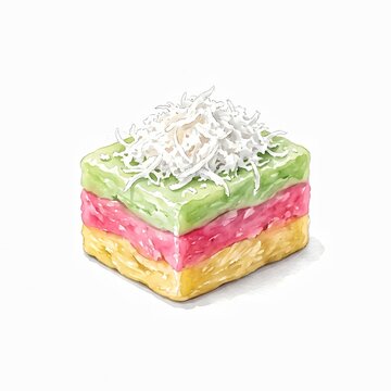 Watercolor Indonesian Traditional Layered Cassava Cake Kue Lapis Singkong with Grated Coconut Isolated on White Background