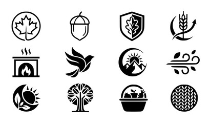 Modern abstract autumn leaf symbol vector clipart set with minimalist clean outline harvest brand maple acorn monogram and seasonal logo graphics black and white © GULSHAN
