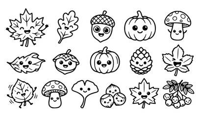 Cute kawaii autumn leaf and acorn character vector set with funny cartoon maple leaf and fall season plant line art for kids © GULSHAN