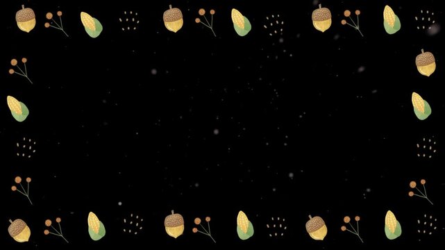 Acorns and autumn berries form a decorative border on a black background for seasonal invitations.