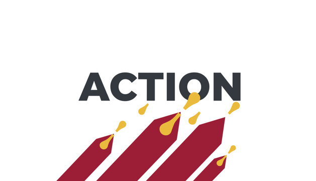 Dynamic logo design featuring the word action written in dark grey above several stylized maroon pencil arrows launching upwards with yellow tips.
