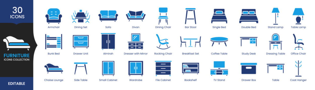 Furniture Icons Collection Set, Home Interior Furniture Symbols, Sofa, Bed, Chair, Table, Modern Living Room Vector Icons