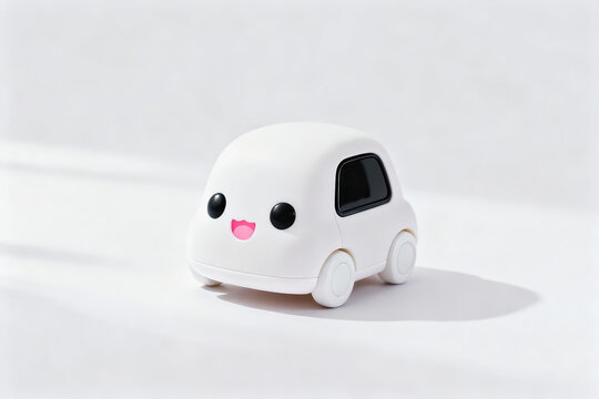 A cute white cartoon toy car with a happy face, placed on a plain light background as a miniature object.