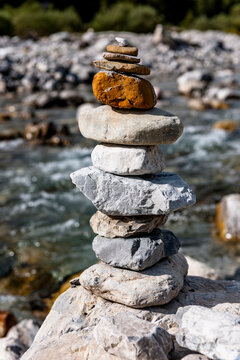 Balanced rock cairn in the Lech riverbed in Vorarlberg Austria