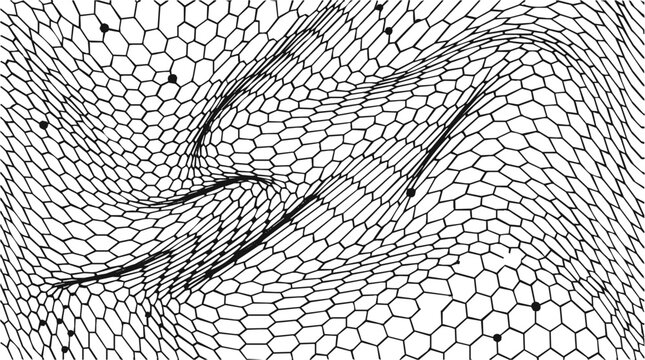 Monochrome fence patterns featuring an abstract mesh of hexagonal grid lines and distorted wireframe in a wavy honeycomb design.