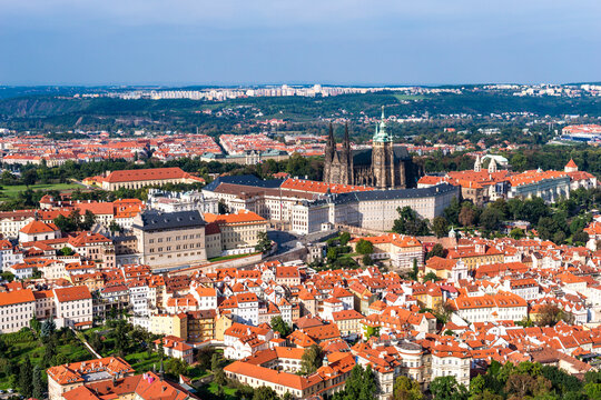 Aerial view of Prague Castle and cityscape in Czech Republic