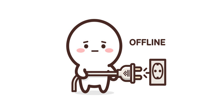 Cute character unplugging a cord, feeling offline and sad