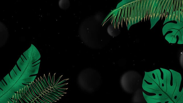 Tropical foliage decorates the corners of a dark background with lush green palm and monstera leaves.