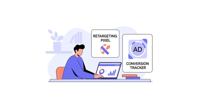 Digital marketing analytics, conversion tracking, and retargeting pixel concept