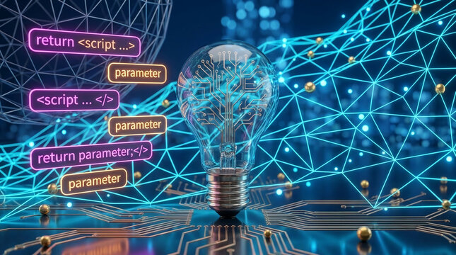 A lightbulb with circuit board pattern inside, surrounded by glowing lines and code snippets, symbolizing innovation and technology