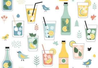Refreshing Lemonade Seamless Pattern with Citrus Drinks and Fresh Mint Leaf Illustrations © Chelsea
