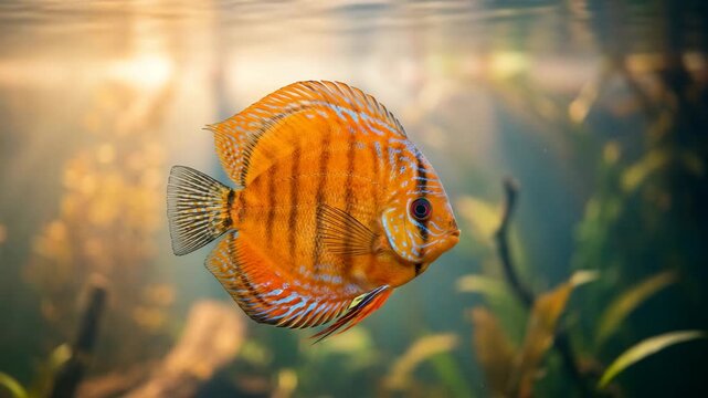 orange discus fish in amazon river brazil underwater morning light close up video