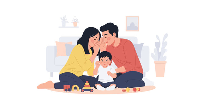 Family whispering secrets to a child, playing with toys on the floor, happy home scene