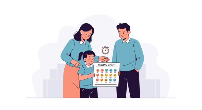 Family with chore chart and clock, teaching responsibility and time management to child