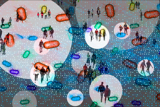 Abstract concept of people walking among microscopic viruses