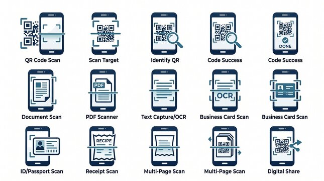 Collection of twelve smartphone scanning icons showing QR and document scan actions, symbolizing digital interaction and mobile technology in modern interface design.