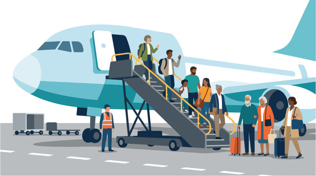 Passengers Disembarking Airplane During Airport Arrival Process