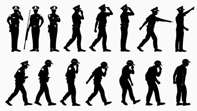 Police Officers Walking and Standing Silhouettes in Flat Vector Style