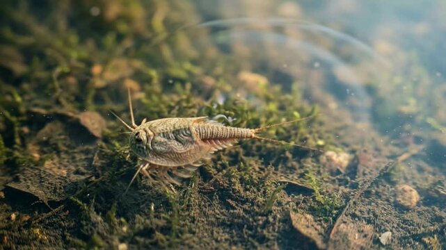top down view of dinosaur shrimp in vernal pool usa underwater close up video
