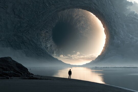 Man looking at glowing portal to another world on surreal beach