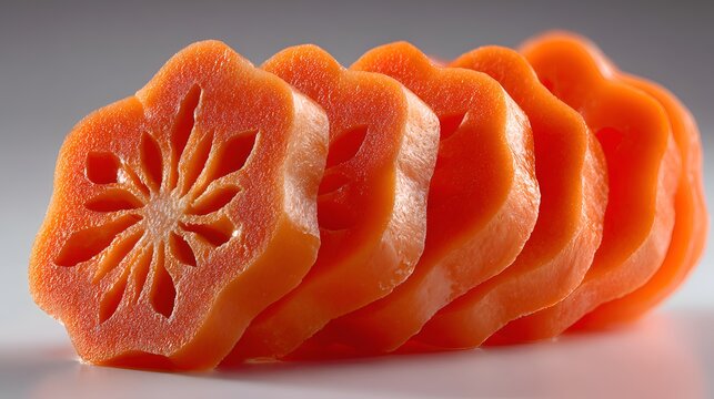 Vibrant orange bael fruit slices arranged with intricate star pattern on white background