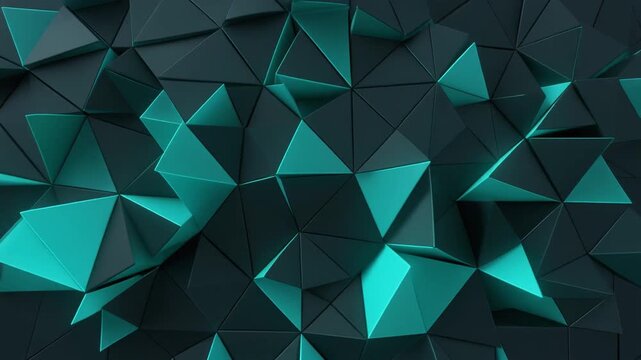 Abstract tessellated triangular surface in dark teal and black tones, reflective facets creating dimensional depth, modern geometric digital aesthetic.