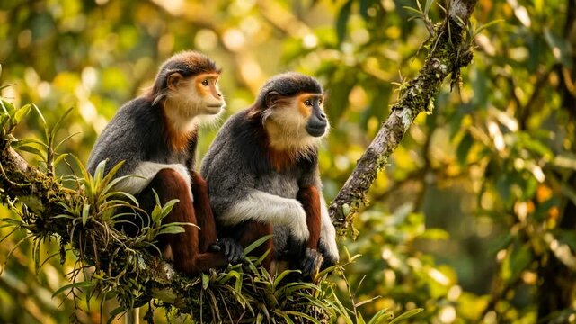 two douc monkeys in son tra nature reserve vietnam golden light close up video
