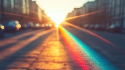 Fototapeta premium Golden sunlight streams down a city street, creating colorful reflections on asphalt as cars line the road during evening hours