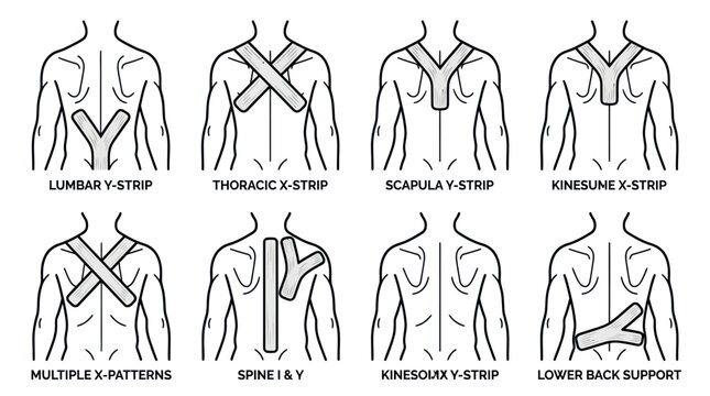 Multiple kinesiology tape patterns for back and shoulder support.