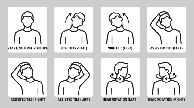 Neck stretching and mobility exercises line icon set.