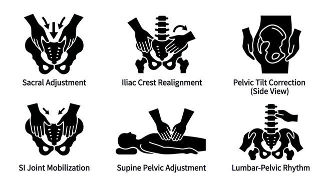 Pelvic realignment and sacral mobilization technique diagrams.