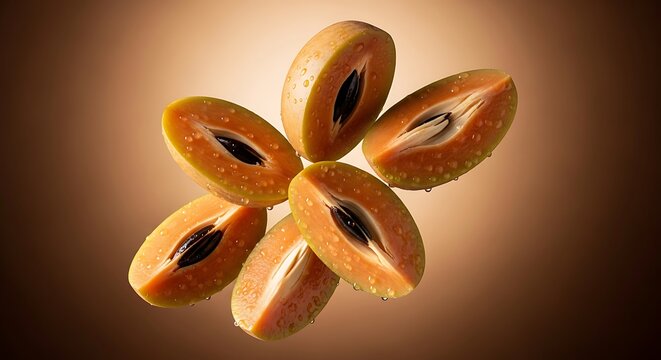Fresh Sapodilla Fruit Slices with Water Droplets Arranged in a Creative Pattern, Exotic Chikoo or Chicozapote Pieces Isolated on Brown Gradient Background