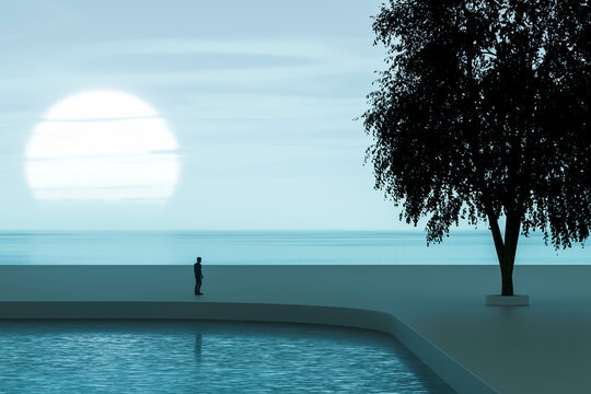 Surreal 3D minimalist landscape with human silhouette at sunset