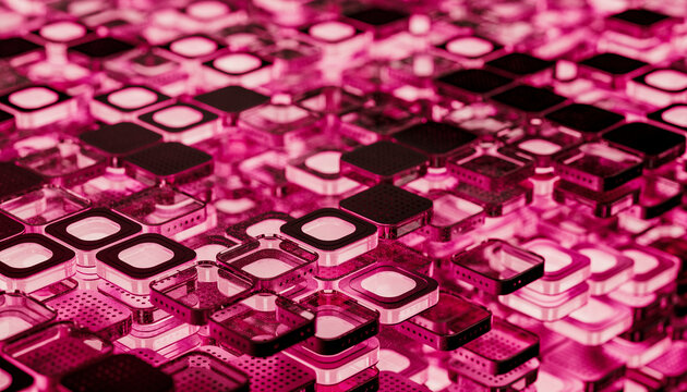 Layers of microchip blocks with illuminated pink light