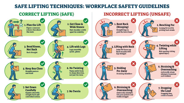 Safe versus incorrect lifting techniques workplace safety infographic.